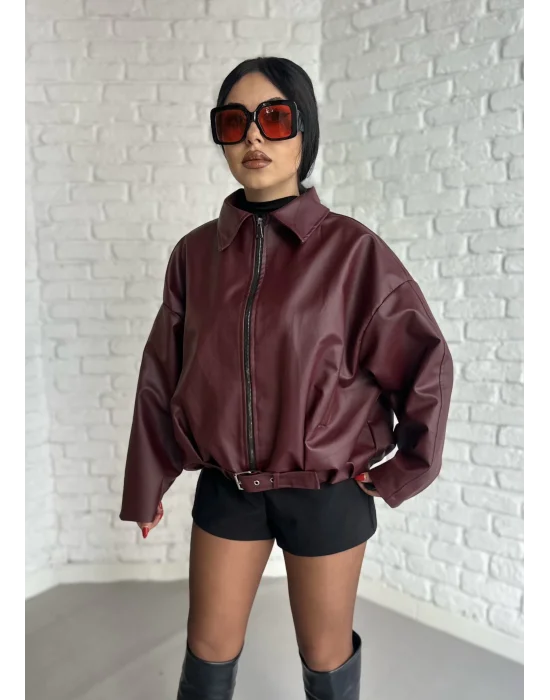 Kadın Kemerli Bomber Deri Ceket