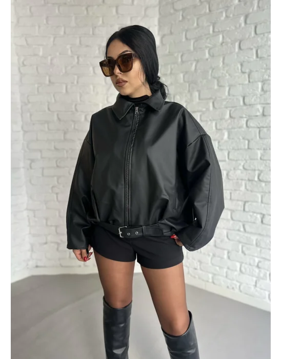 Kadın Kemerli Bomber Deri Ceket