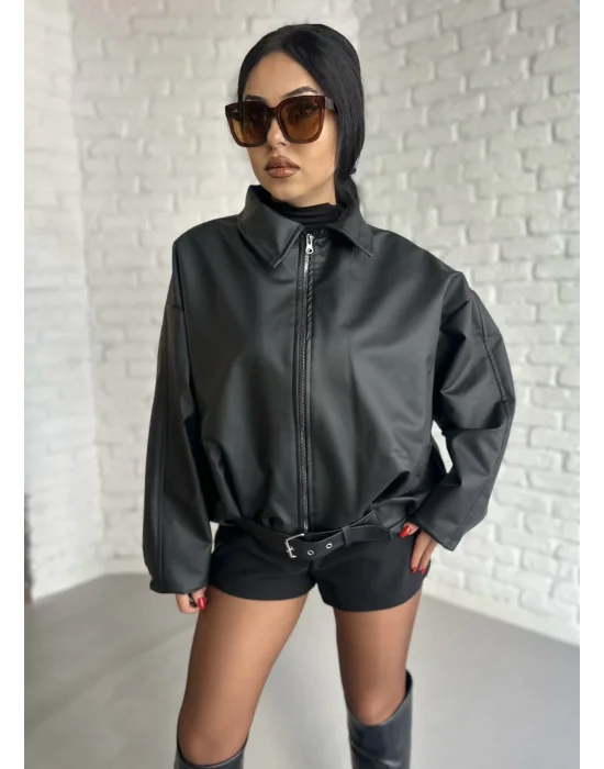Kadın Kemerli Bomber Deri Ceket