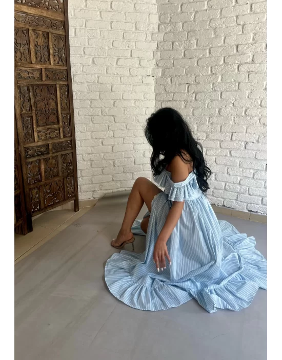 Kadın Kolları Fırfırlı Uzun Tasarım Gömlek Elbise