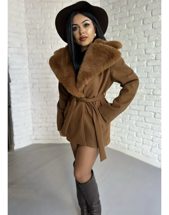 Kadın Kürk Yaka Astarlı Kaşe Kaban