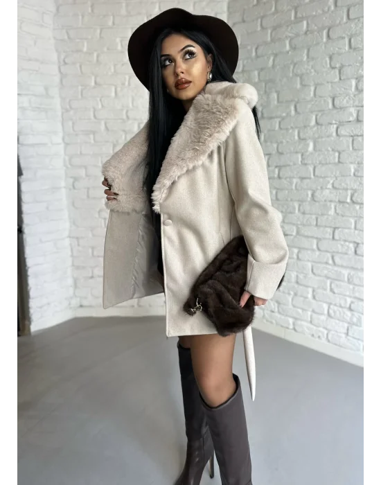 Kadın Kürk Yaka Astarlı Kaşe Kaban