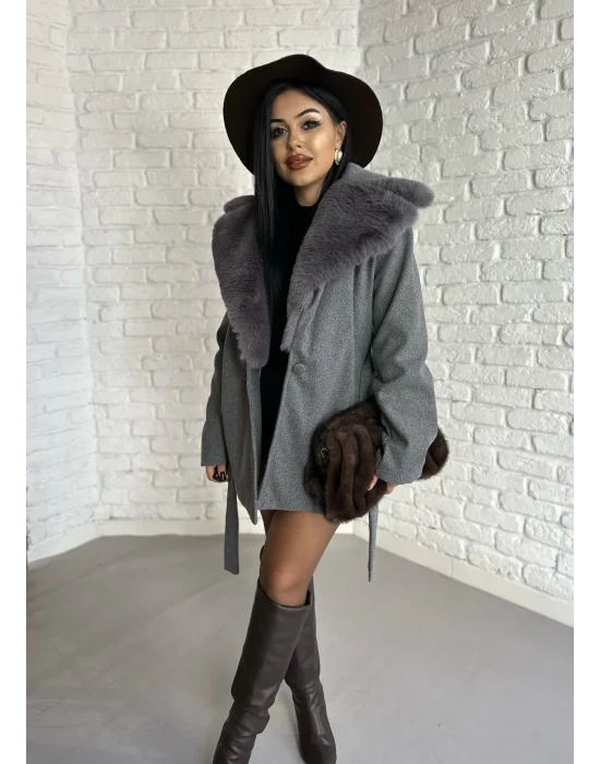 Kadın Kürk Yaka Astarlı Kaşe Kaban