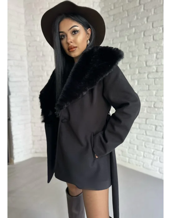 Kadın Kürk Yaka Astarlı Kaşe Kaban