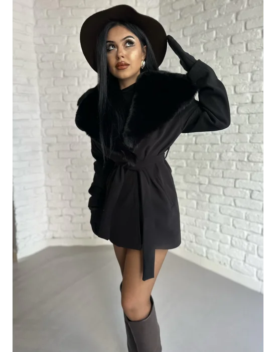 Kadın Kürk Yaka Astarlı Kaşe Kaban