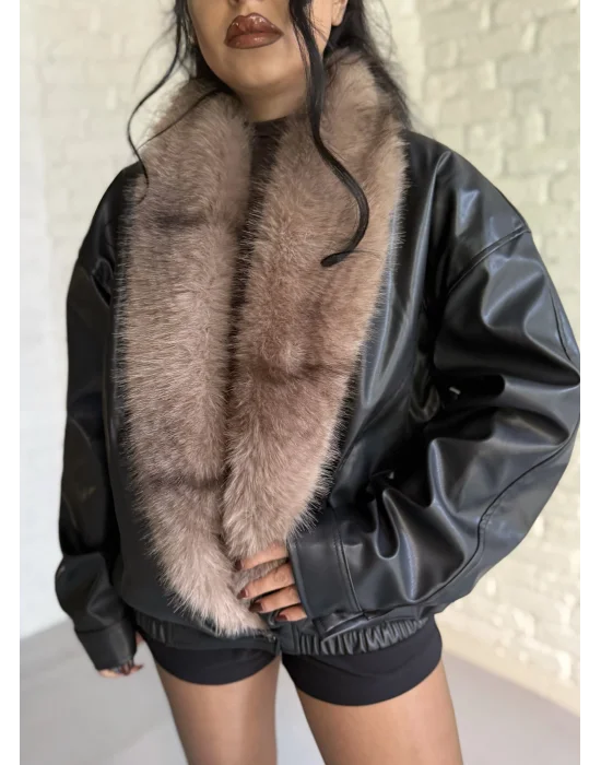 Kadın Kürk Yaka Beli Lastikli Deri Ceket
