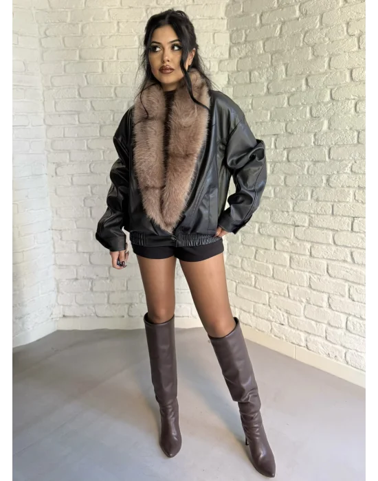 Kadın Kürk Yaka Beli Lastikli Deri Ceket