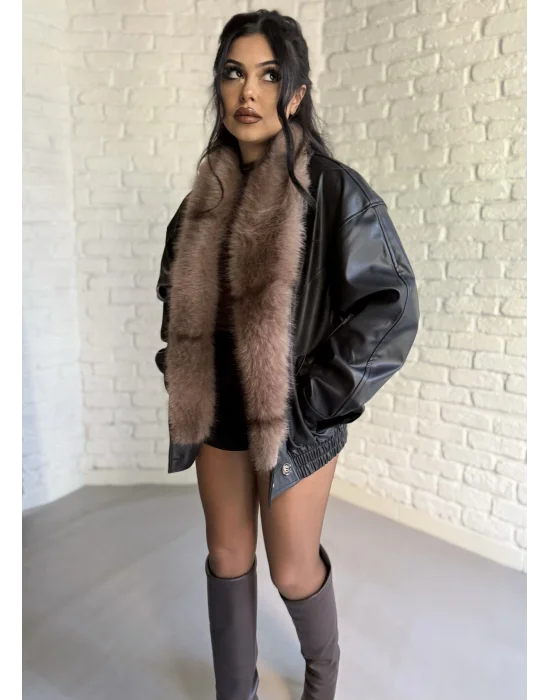 Kadın Kürk Yaka Beli Lastikli Deri Ceket