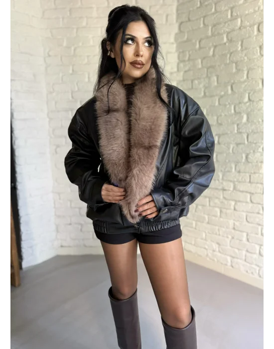 Kadın Kürk Yaka Beli Lastikli Deri Ceket