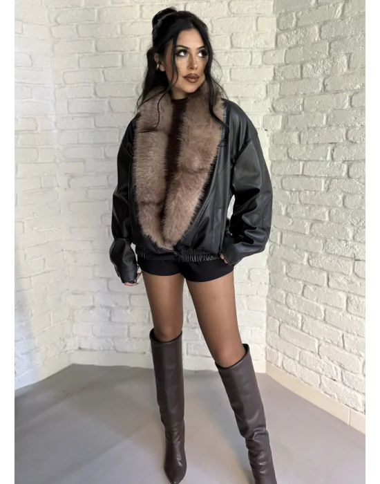 Kadın Kürk Yaka Beli Lastikli Deri Ceket