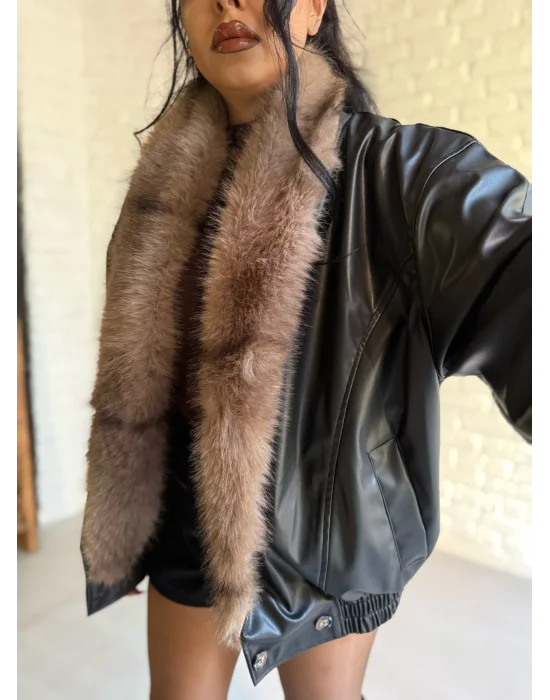 Kadın Kürk Yaka Beli Lastikli Deri Ceket