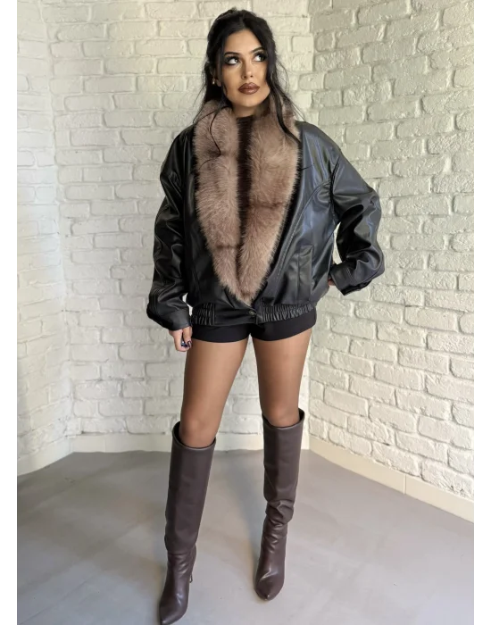 Kadın Kürk Yaka Beli Lastikli Deri Ceket