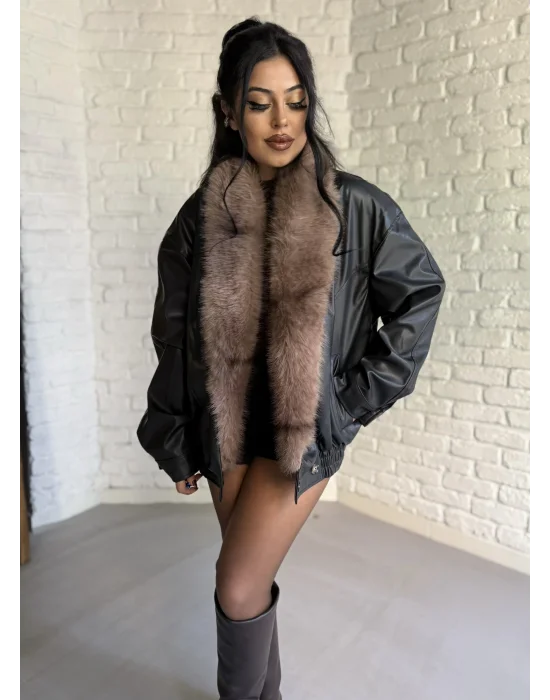 Kadın Kürk Yaka Beli Lastikli Deri Ceket