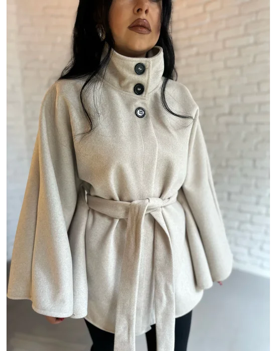 Kadın Kuşaklı Dik Yaka Kaşe Panço