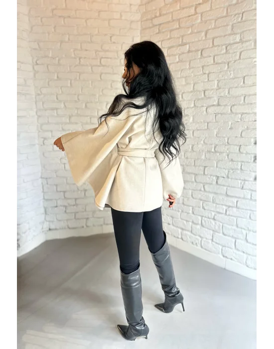 Kadın Kuşaklı Dik Yaka Kaşe Panço