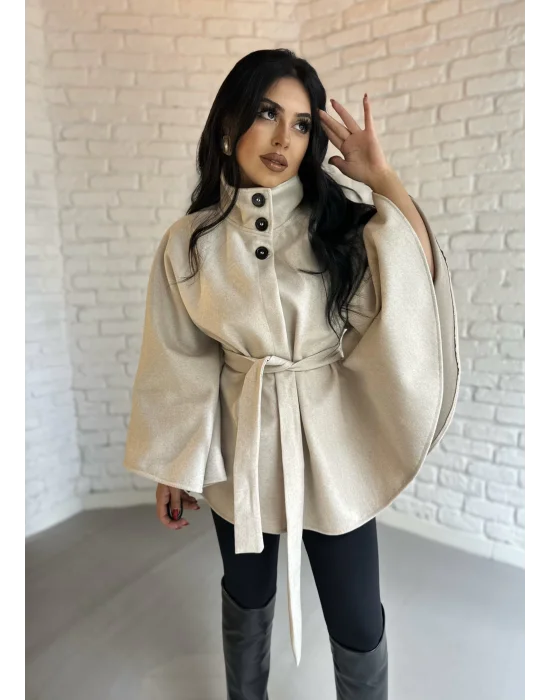Kadın Kuşaklı Dik Yaka Kaşe Panço