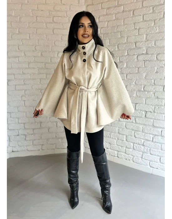 Kadın Kuşaklı Dik Yaka Kaşe Panço