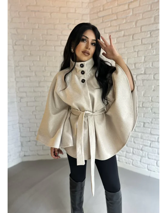Kadın Kuşaklı Dik Yaka Kaşe Panço