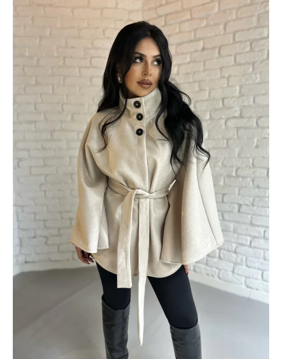 Kadın Kuşaklı Dik Yaka Kaşe Panço