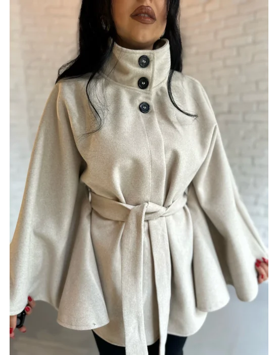 Kadın Kuşaklı Dik Yaka Kaşe Panço