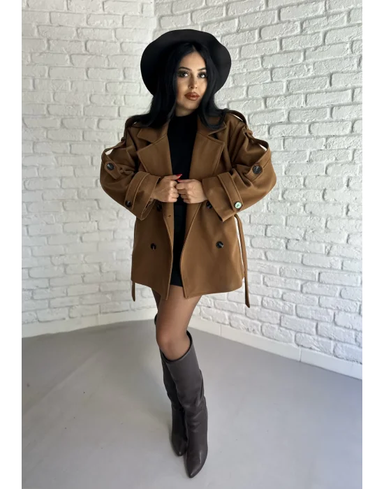 Kadın Kuşaklı Oversize Kısa Kaşe Kaban