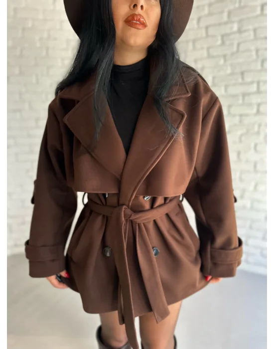 Kadın Kuşaklı Oversize Kısa Kaşe Kaban