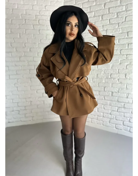 Kadın Kuşaklı Oversize Kısa Kaşe Kaban