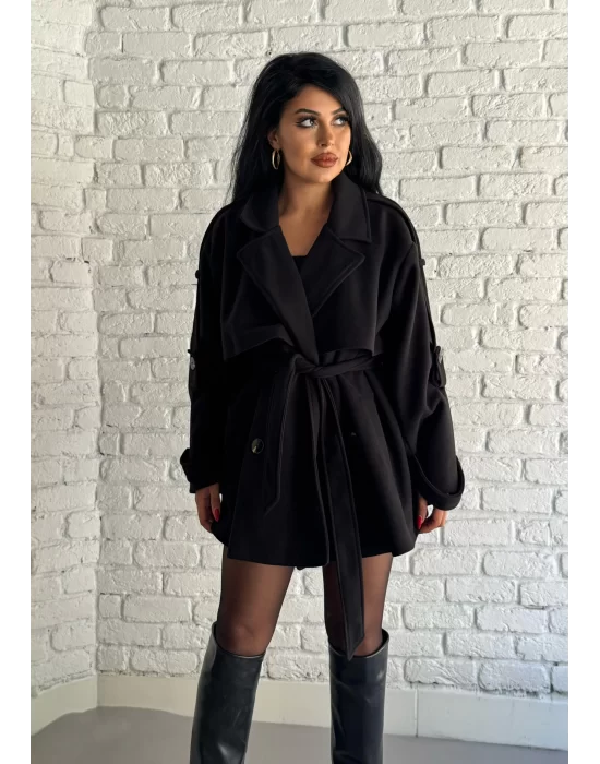 Kadın Kuşaklı Oversize Kısa Kaşe Kaban