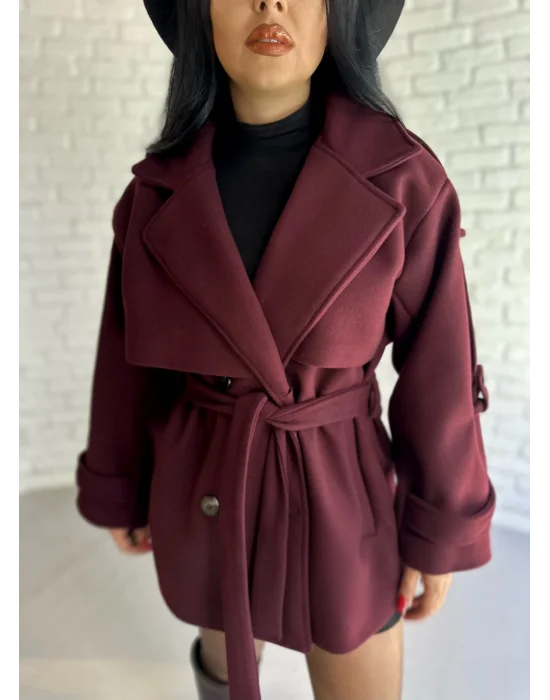 Kadın Kuşaklı Oversize Kısa Kaşe Kaban