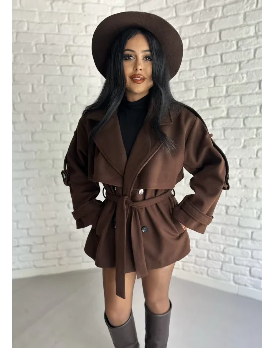 Kadın Kuşaklı Oversize Kısa Kaşe Kaban