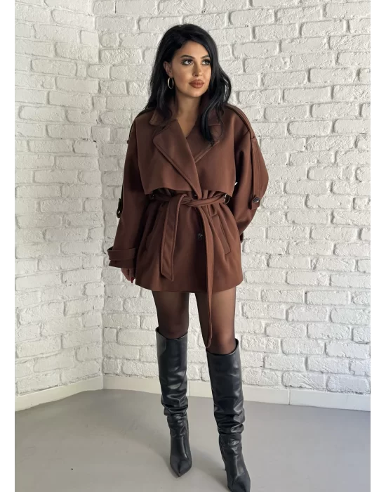 Kadın Kuşaklı Oversize Kısa Kaşe Kaban