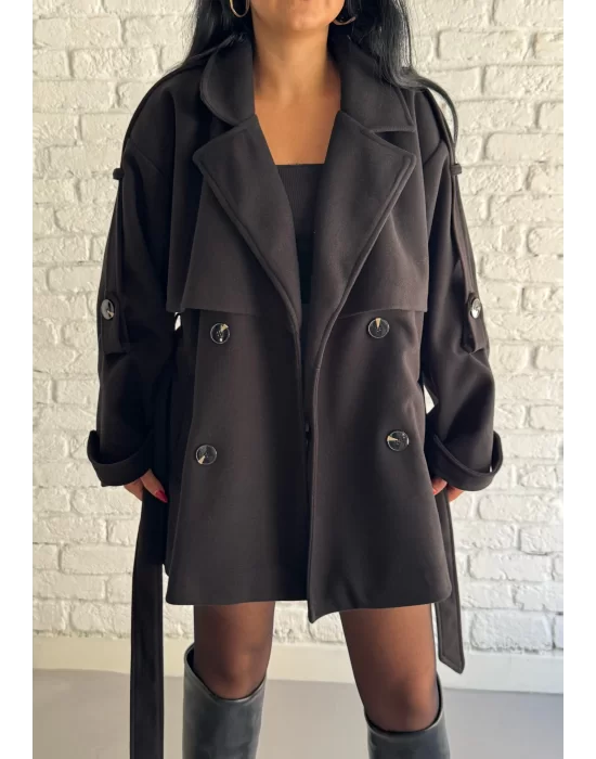Kadın Kuşaklı Oversize Kısa Kaşe Kaban