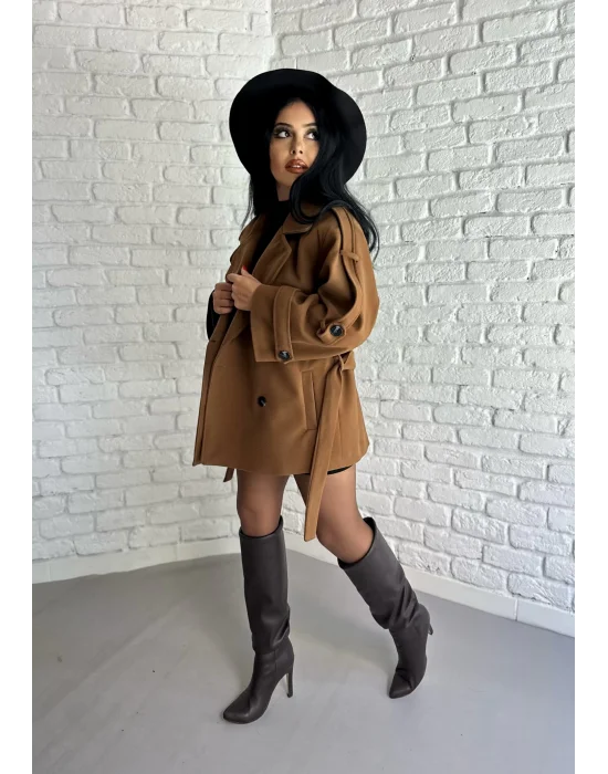 Kadın Kuşaklı Oversize Kısa Kaşe Kaban