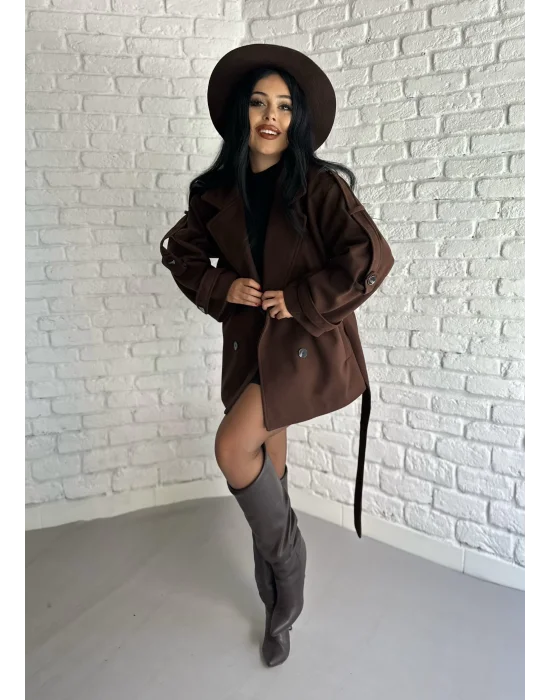 Kadın Kuşaklı Oversize Kısa Kaşe Kaban