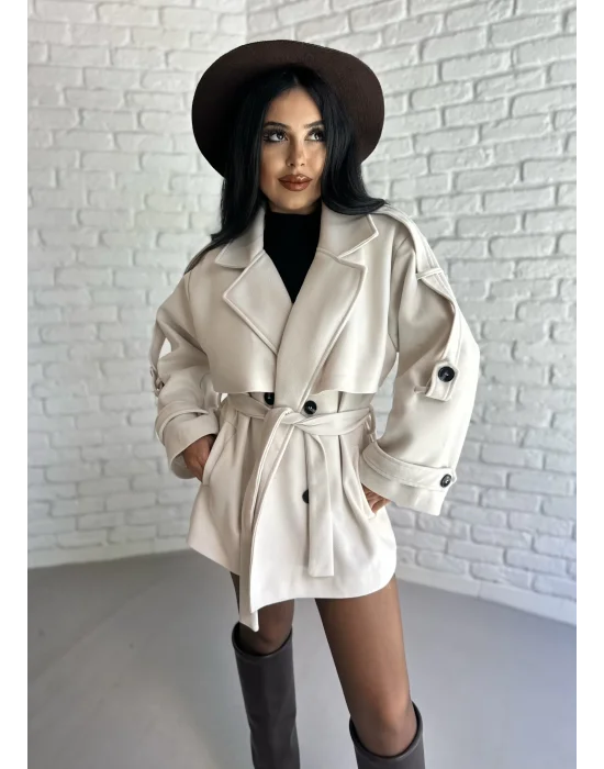 Kadın Kuşaklı Oversize Kısa Kaşe Kaban