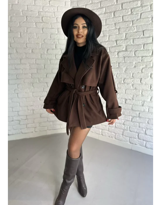 Kadın Kuşaklı Oversize Kısa Kaşe Kaban