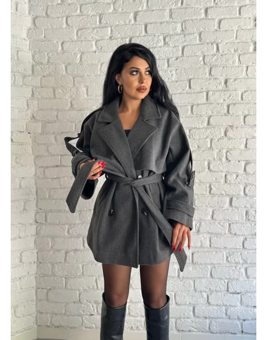 Kadın Kuşaklı Oversize Kısa Kaşe Kaban