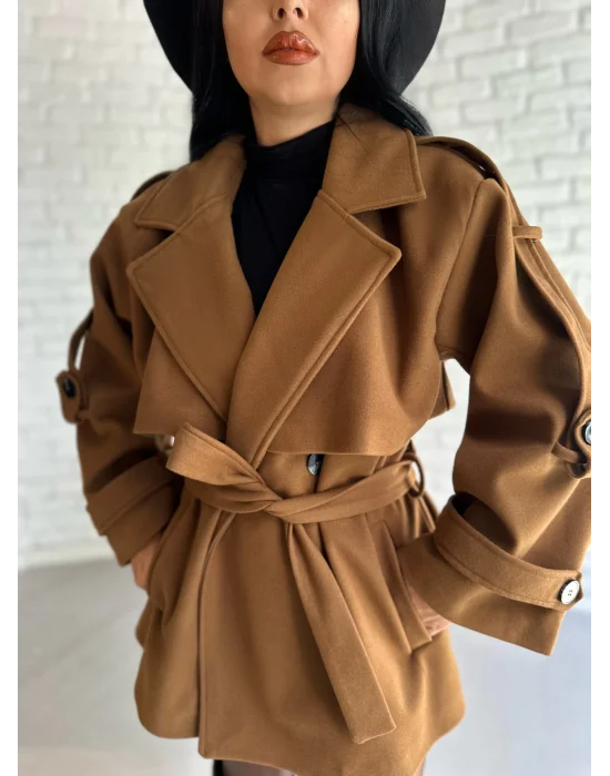 Kadın Kuşaklı Oversize Kısa Kaşe Kaban