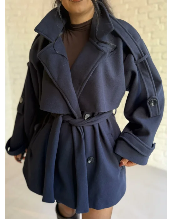 Kadın Kuşaklı Oversize Kısa Kaşe Kaban