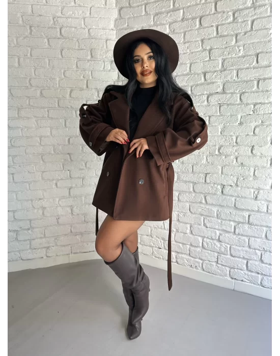 Kadın Kuşaklı Oversize Kısa Kaşe Kaban