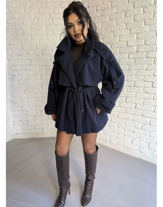 Kadın Kuşaklı Oversize Kısa Kaşe Kaban