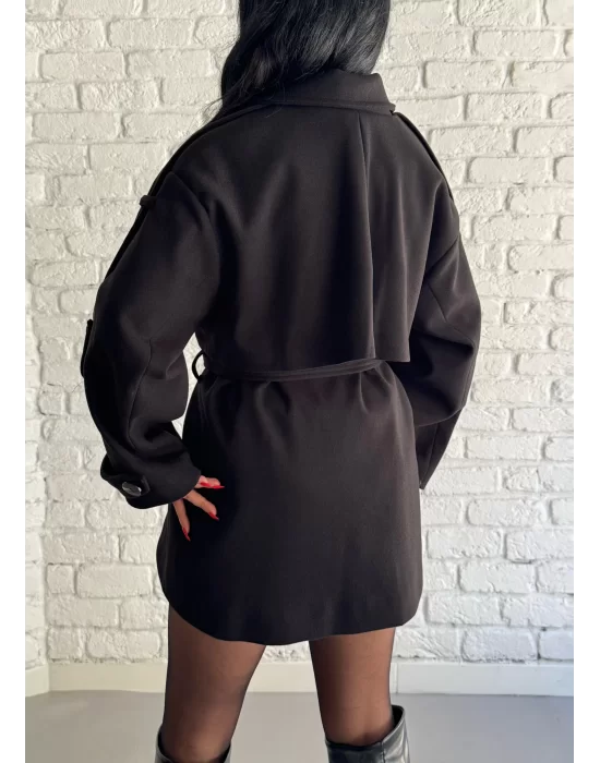 Kadın Kuşaklı Oversize Kısa Kaşe Kaban