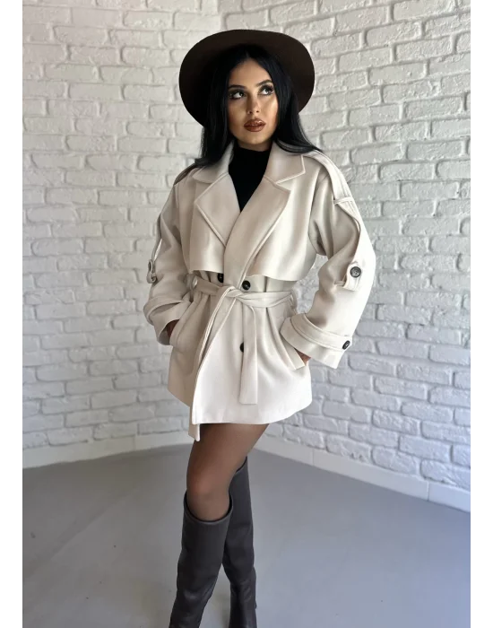 Kadın Kuşaklı Oversize Kısa Kaşe Kaban