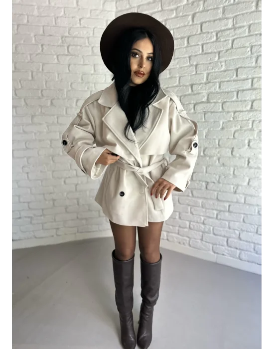 Kadın Kuşaklı Oversize Kısa Kaşe Kaban