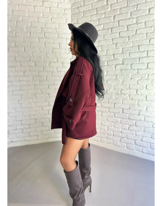 Kadın Kuşaklı Oversize Kısa Kaşe Kaban