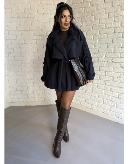 Kadın Kuşaklı Oversize Kısa Kaşe Kaban