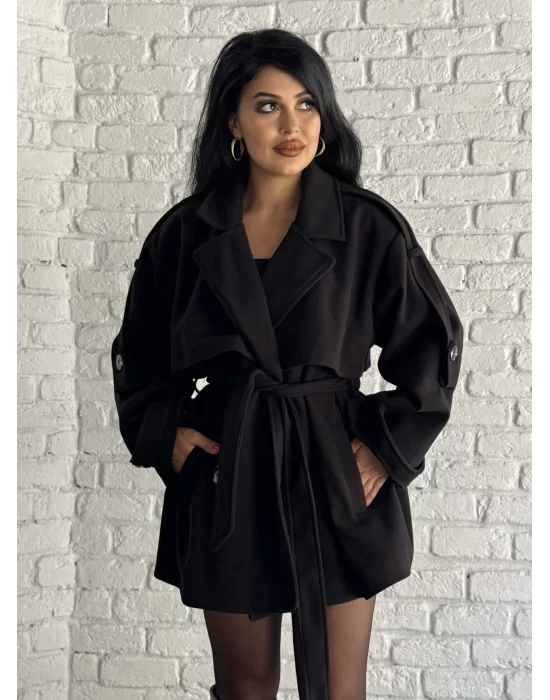 Kadın Kuşaklı Oversize Kısa Kaşe Kaban