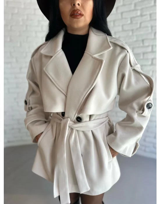 Kadın Kuşaklı Oversize Kısa Kaşe Kaban