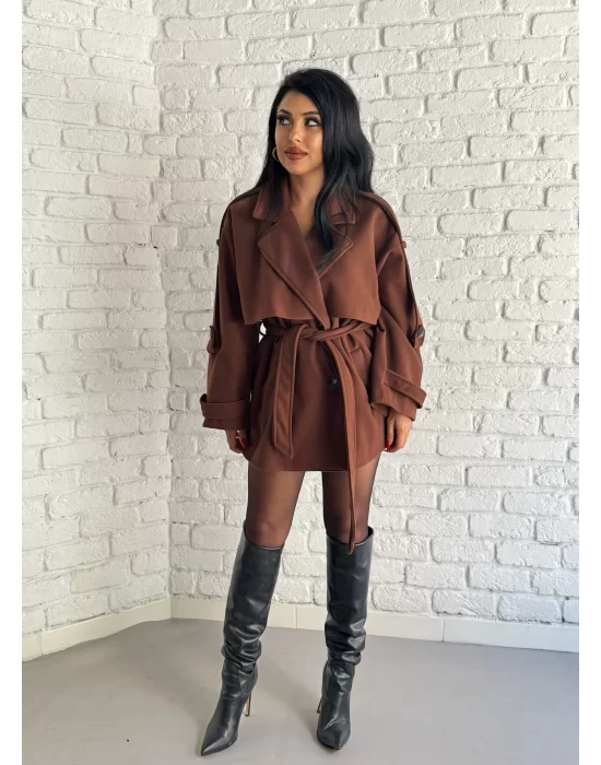 Kadın Kuşaklı Oversize Kısa Kaşe Kaban