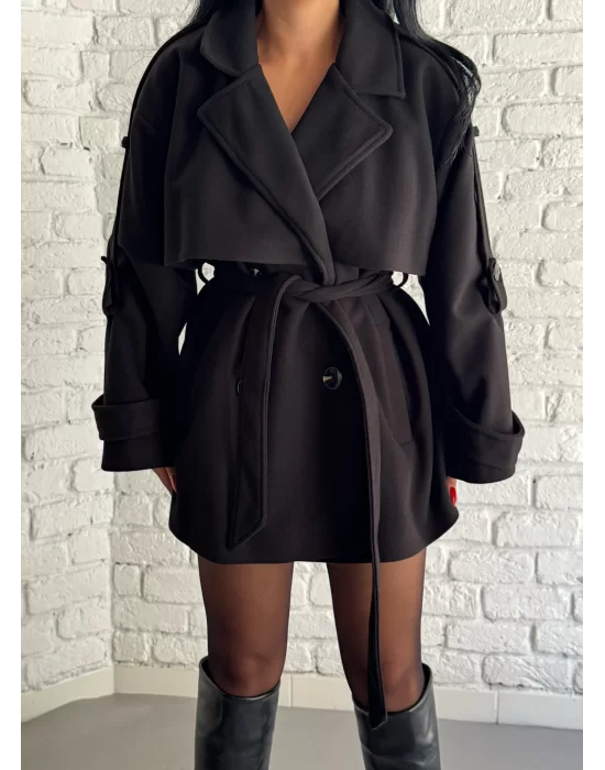 Kadın Kuşaklı Oversize Kısa Kaşe Kaban
